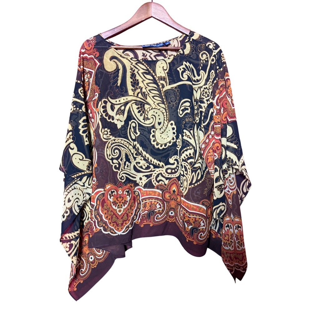 Susan Graver Style Women 2X Paisley Chiffon Poncho Top Sheer Burgundy Colorful